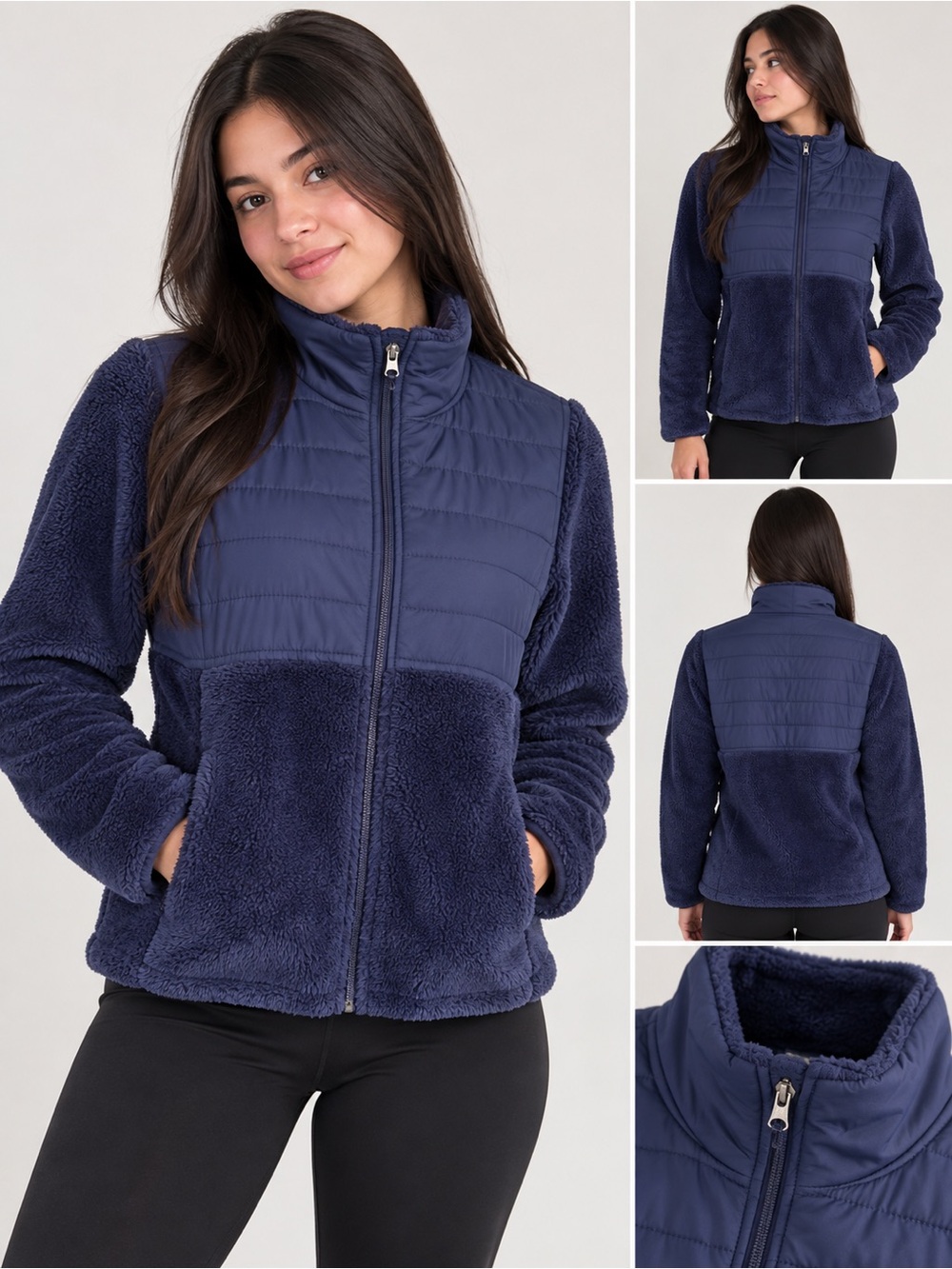 Women's Navy Quilted Panel Fleece Jacket Y2K , Faded Glory